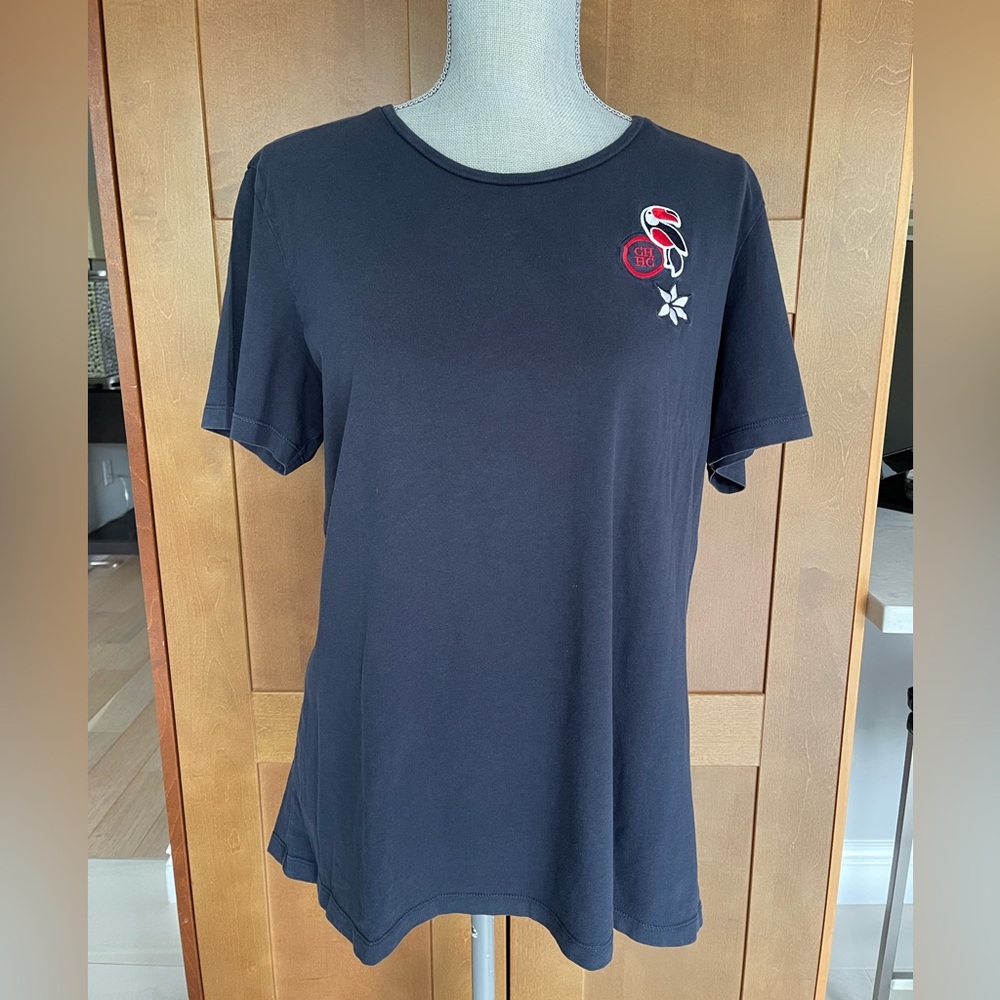 CAROLINA HERRERA Navy Short Sleeve T-Shirt with Embroidered Toucan, Size L